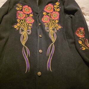 VTG Bob Mackie Wearable Art Black Floral Embroidered Fleece Jacket Large